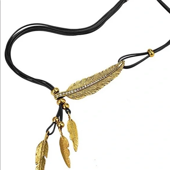 Gold alloy feather rhinestone accent necklace - Picture 2 of 5